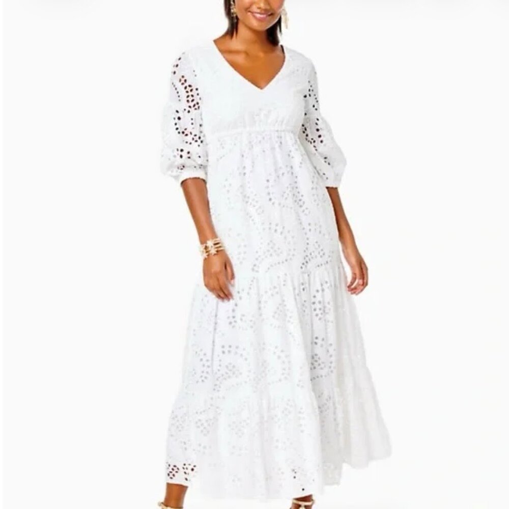 Lilly Pulitzer Breanne Eyelet Dress Elbow Sleeve Resort White Size 8 Wedding